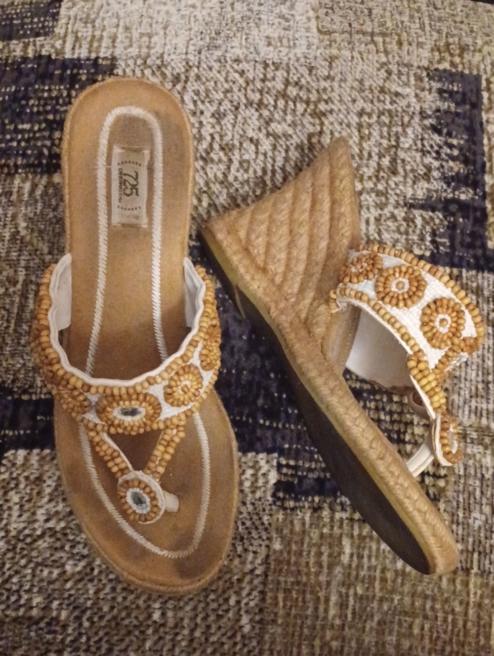 4/$30 Beaded Wedge Thong Sandals in Tan, Cream & White - Size 8.5